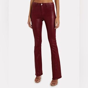 LAGENCE Ruth Wax Coated Bootcut Flare Jeans Red Bordeaux Raw Edge Denim